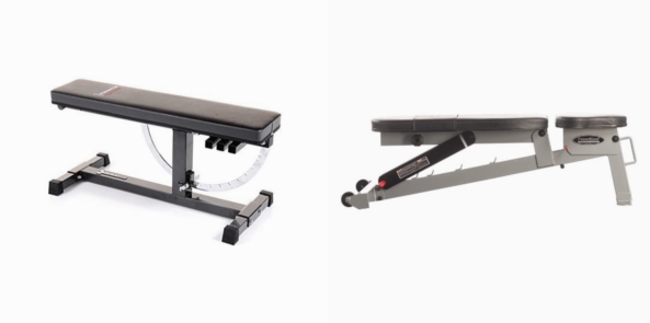 Side by side comparison of Ironmaster Super Bench and POWERBLOCK Sport Bench in flat positions.