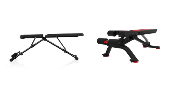 Side by side comparison of FLYBIRD Weight Bench and Bowflex 5.1S Bench in flat positions.